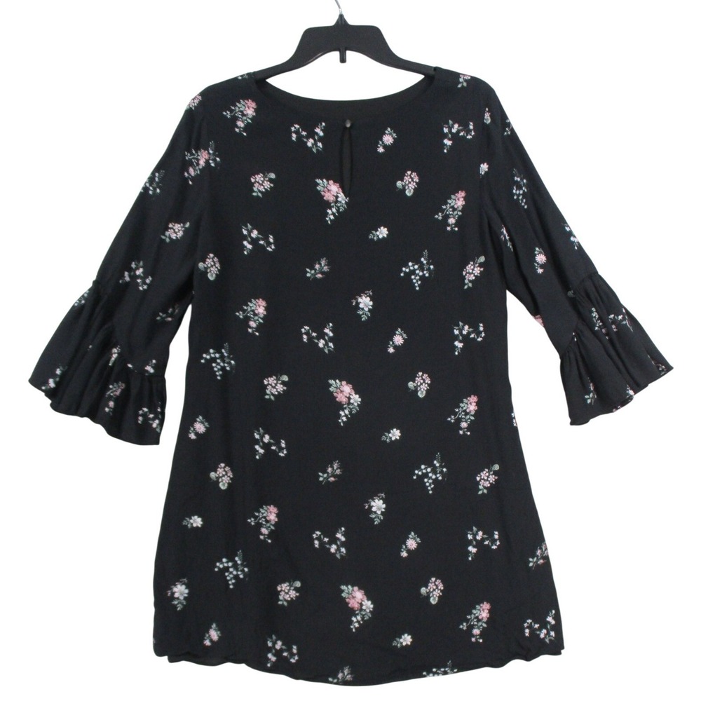 Vince Camuto Black Floral Ruffle Bell Sleeve Shift Dress Women Lined 3/4 Sleeve‎